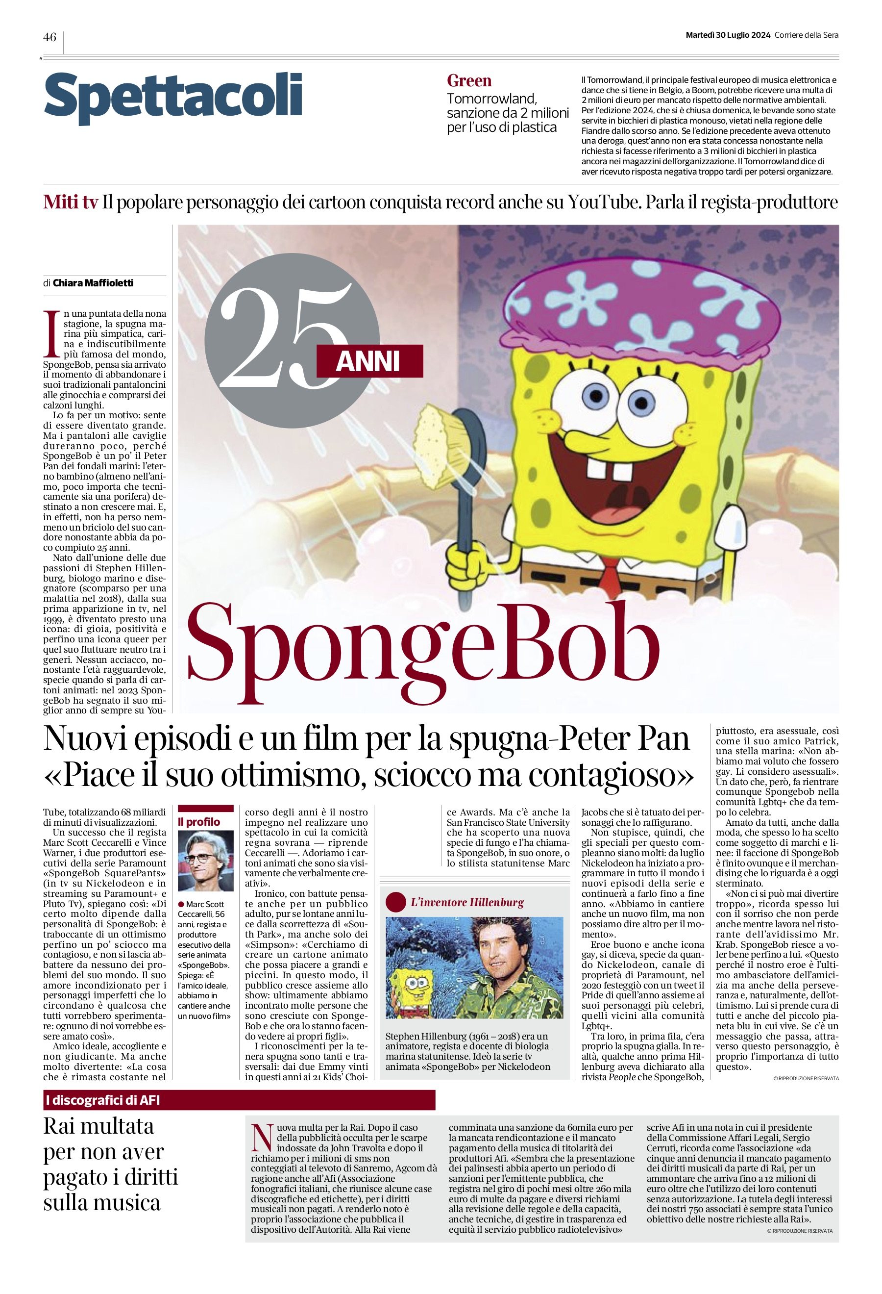 SpongeBob compie25 anni e il Corriere gli dedica un articolo.