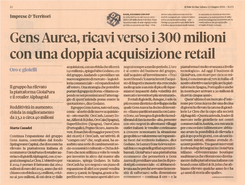Gens Aurea acquisisce GioiaPura. L'articolo su Il Sole 24 Ore.